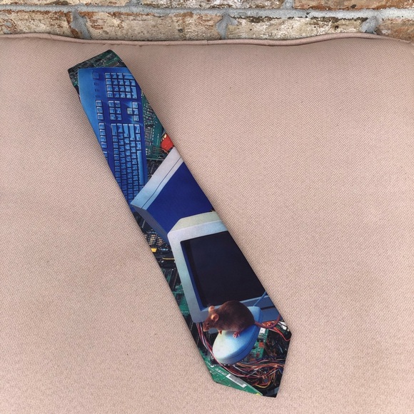 Ralph Marlin Vintage 90s  "Computer Images" Mouse on a Mouse PC Circuits Necktie - Picture 2 of 8